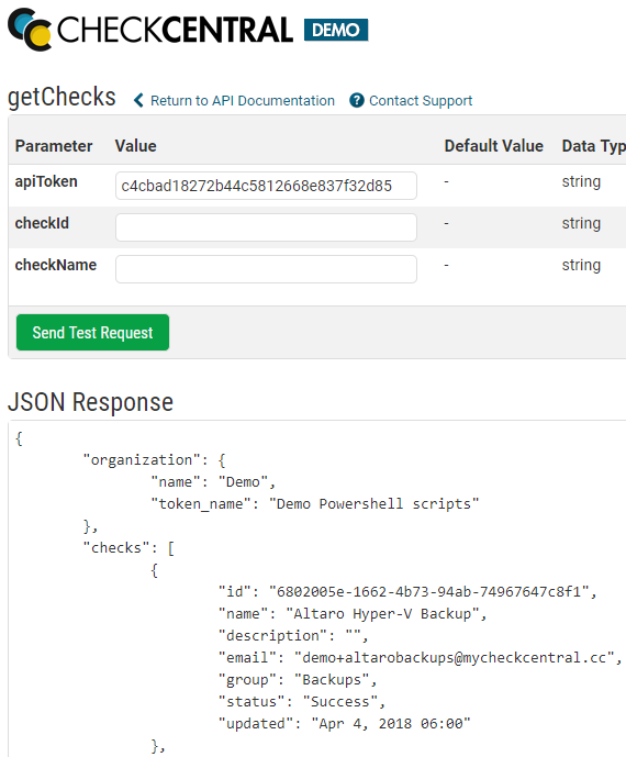 A test call to the getChecks endpoint